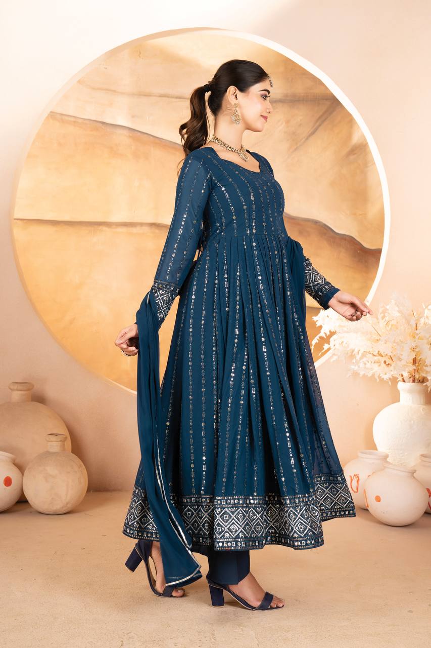 Rama Designer Luxury Anarkali Suit Set (3-Piece) – Heavy Sequin & Thread Embroidery