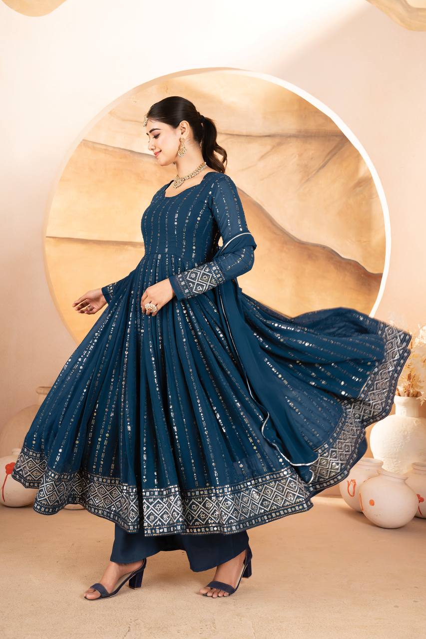 Rama Designer Luxury Anarkali Suit Set (3-Piece) – Heavy Sequin & Thread Embroidery