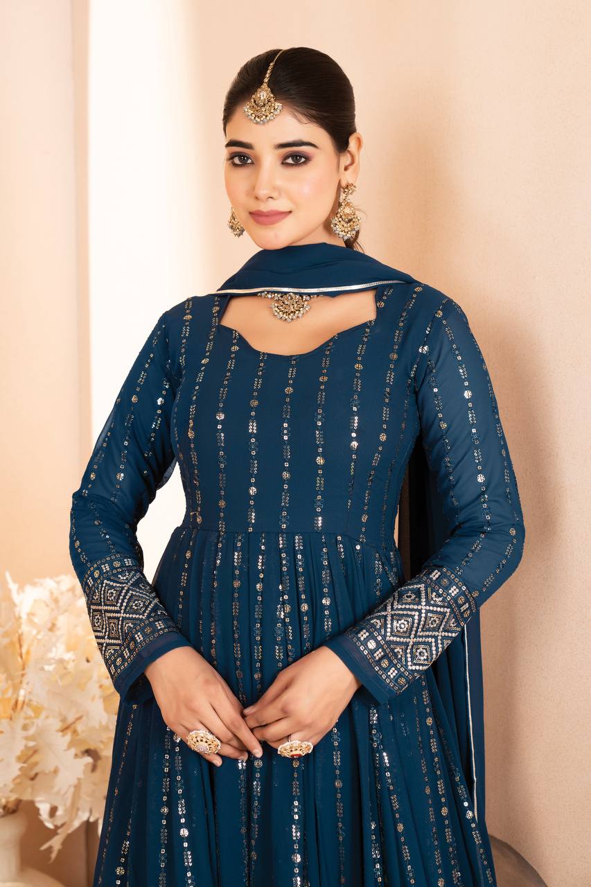 Rama Designer Luxury Anarkali Suit Set (3-Piece) – Heavy Sequin & Thread Embroidery