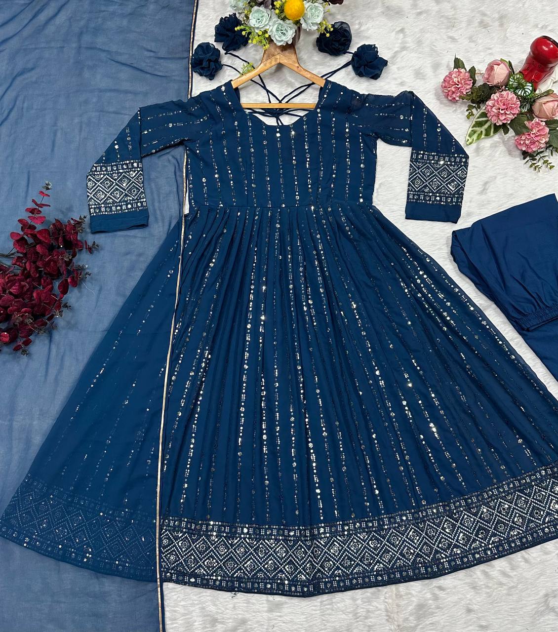 Rama Designer Luxury Anarkali Suit Set (3-Piece) – Heavy Sequin & Thread Embroidery