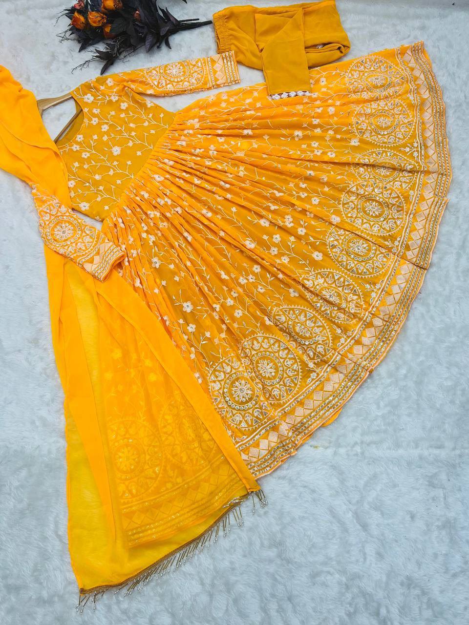 Designer Mustard Color Thread Work Gown