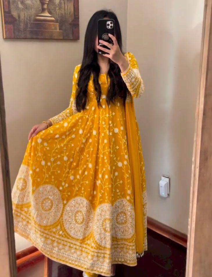 Designer Mustard Color Thread Work Gown