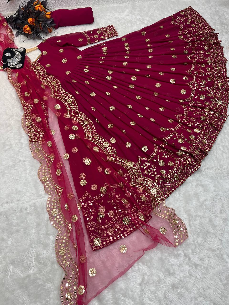 Designer Pink Color Embroidery Sequence Work Gown