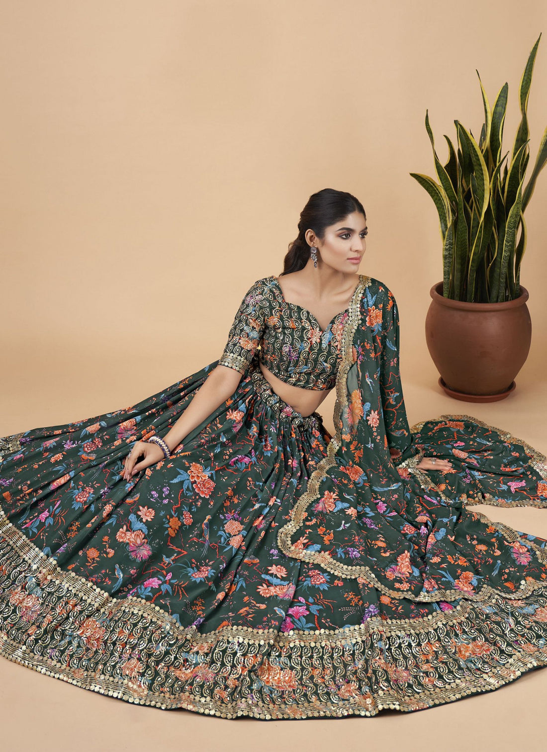 Green Designer Printed Faux Georgette Sequins Embroidery Work Lehenga Choli