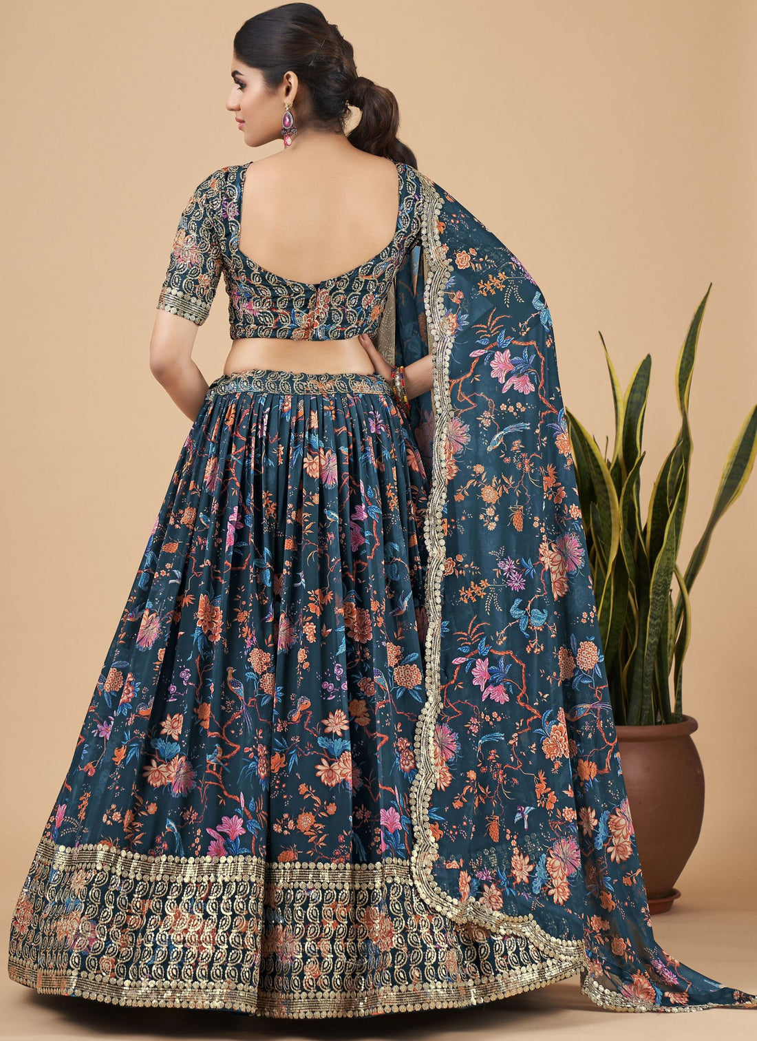 Teal Blue Designer Printed Faux Georgette Sequins Embroidery Work Lehenga Choli