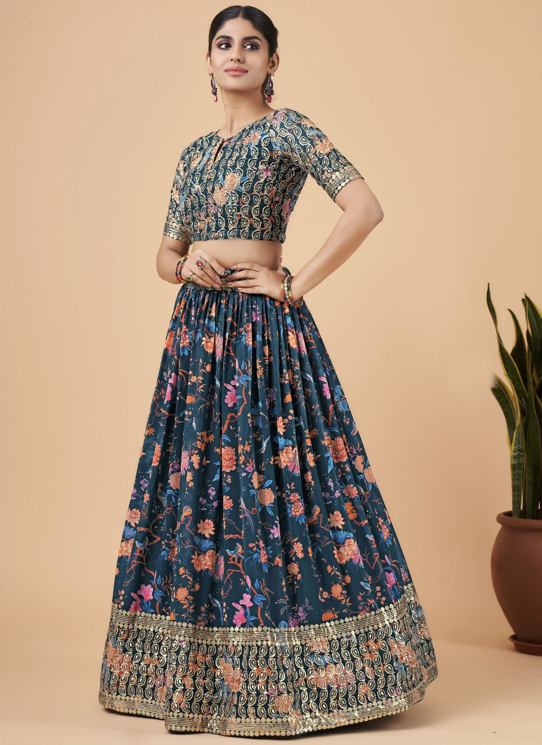 Teal Blue Designer Printed Faux Georgette Sequins Embroidery Work Lehenga Choli