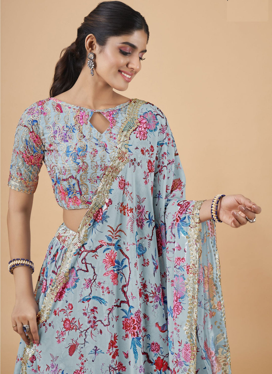 Sky Blue Designer Printed Faux Georgette Sequins Embroidery Work Lehenga Choli