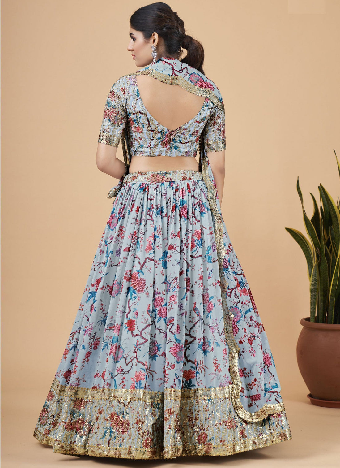 Sky Blue Designer Printed Faux Georgette Sequins Embroidery Work Lehenga Choli