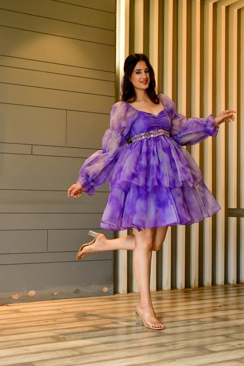 Designer Purple Color Shibori Print Organza Dress
