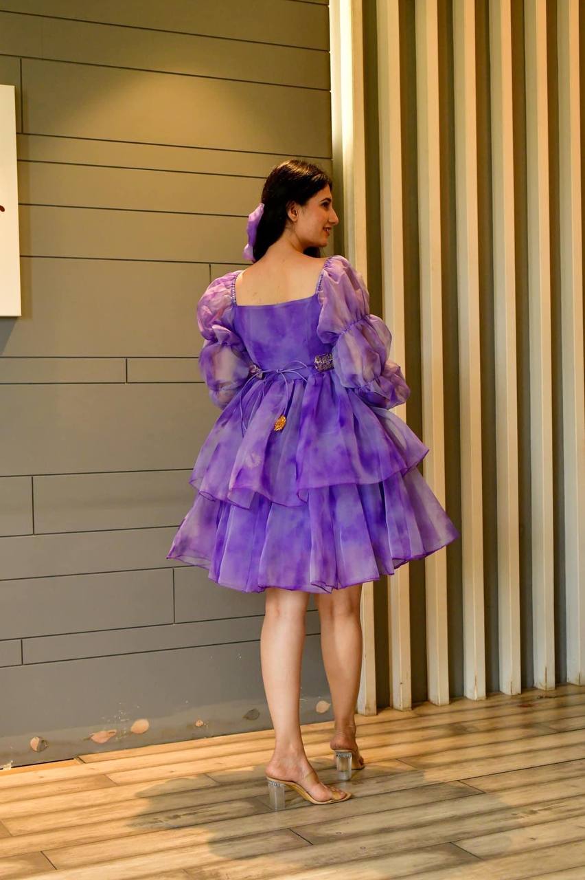 Designer Purple Color Shibori Print Organza Dress