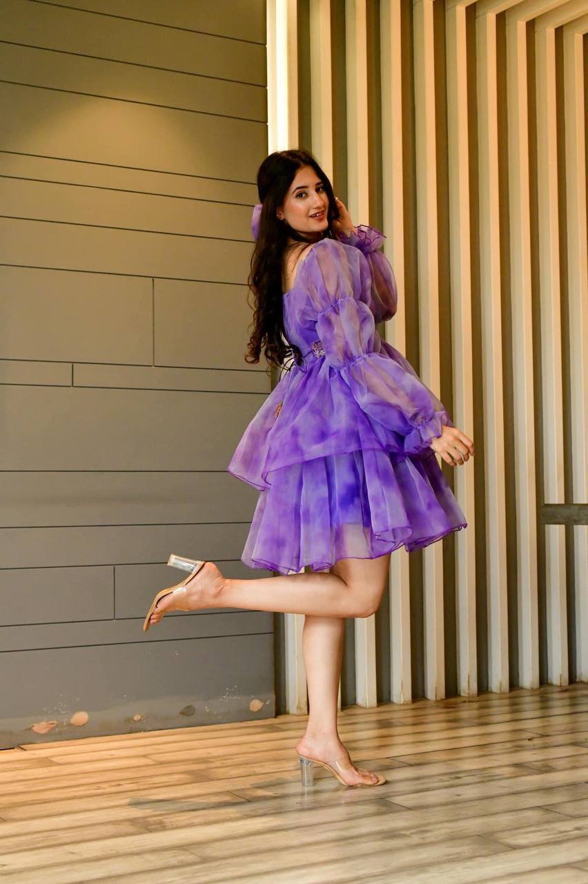 Designer Purple Color Shibori Print Organza Dress