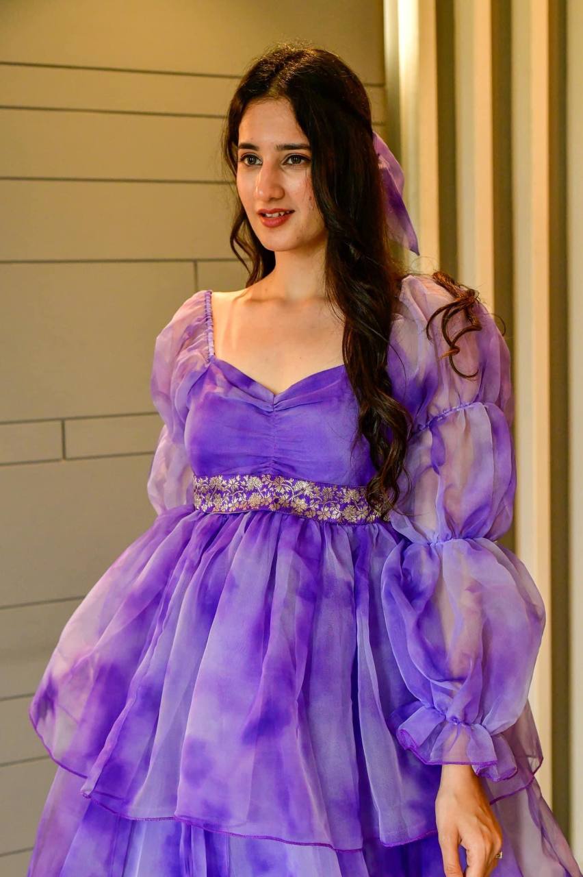 Designer Purple Color Shibori Print Organza Dress