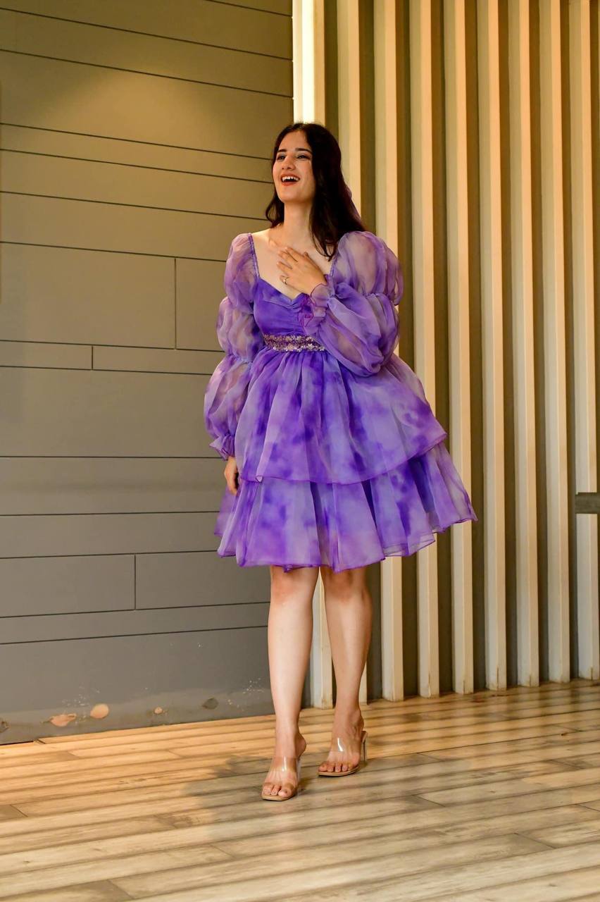 Designer Purple Color Shibori Print Organza Dress