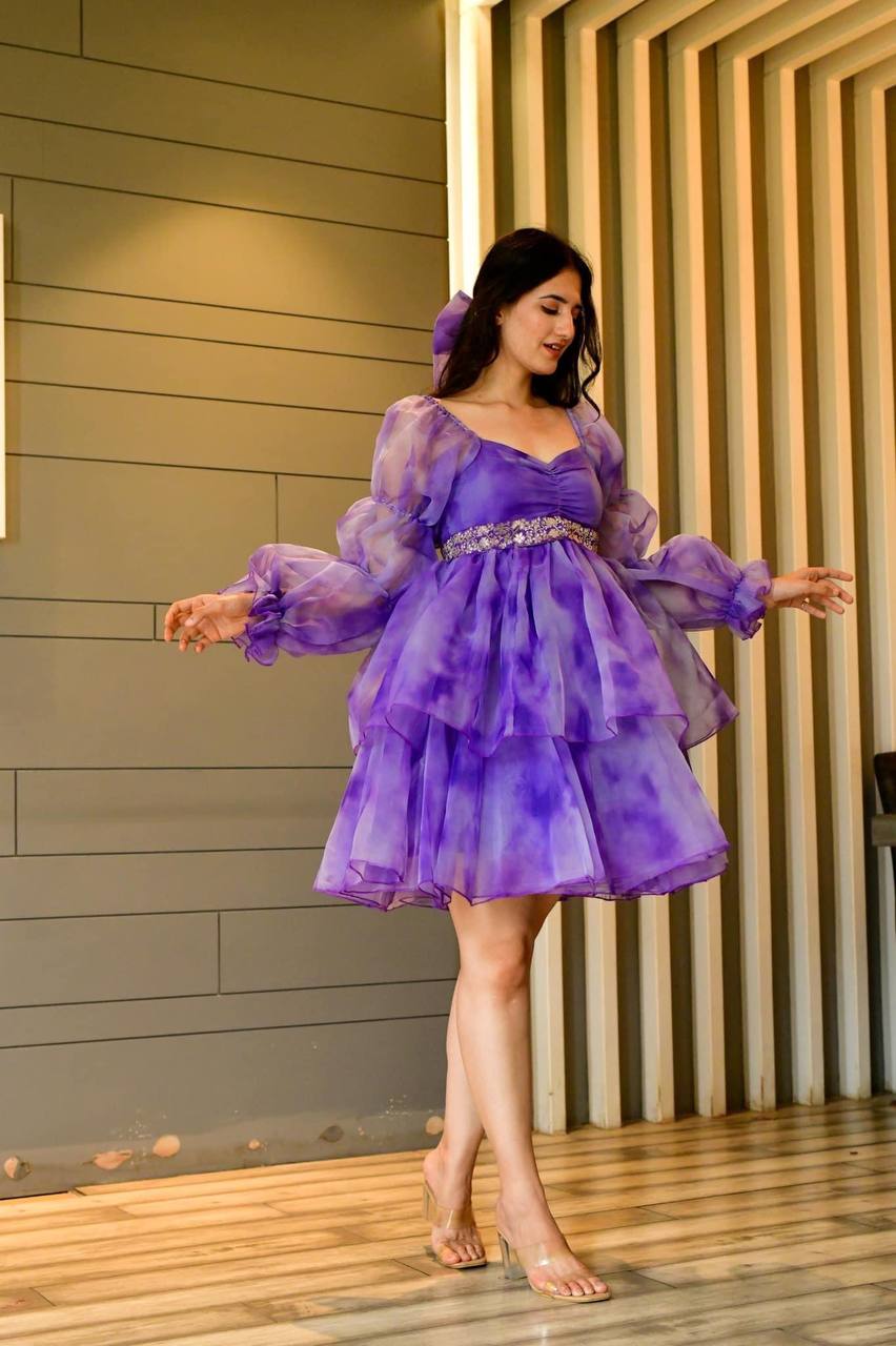 Designer Purple Color Shibori Print Organza Dress