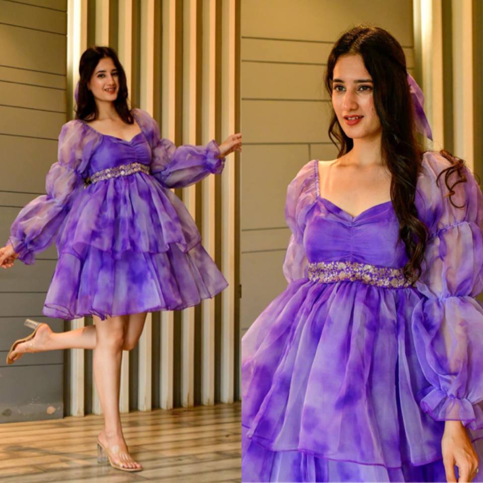 Designer Purple Color Shibori Print Organza Dress