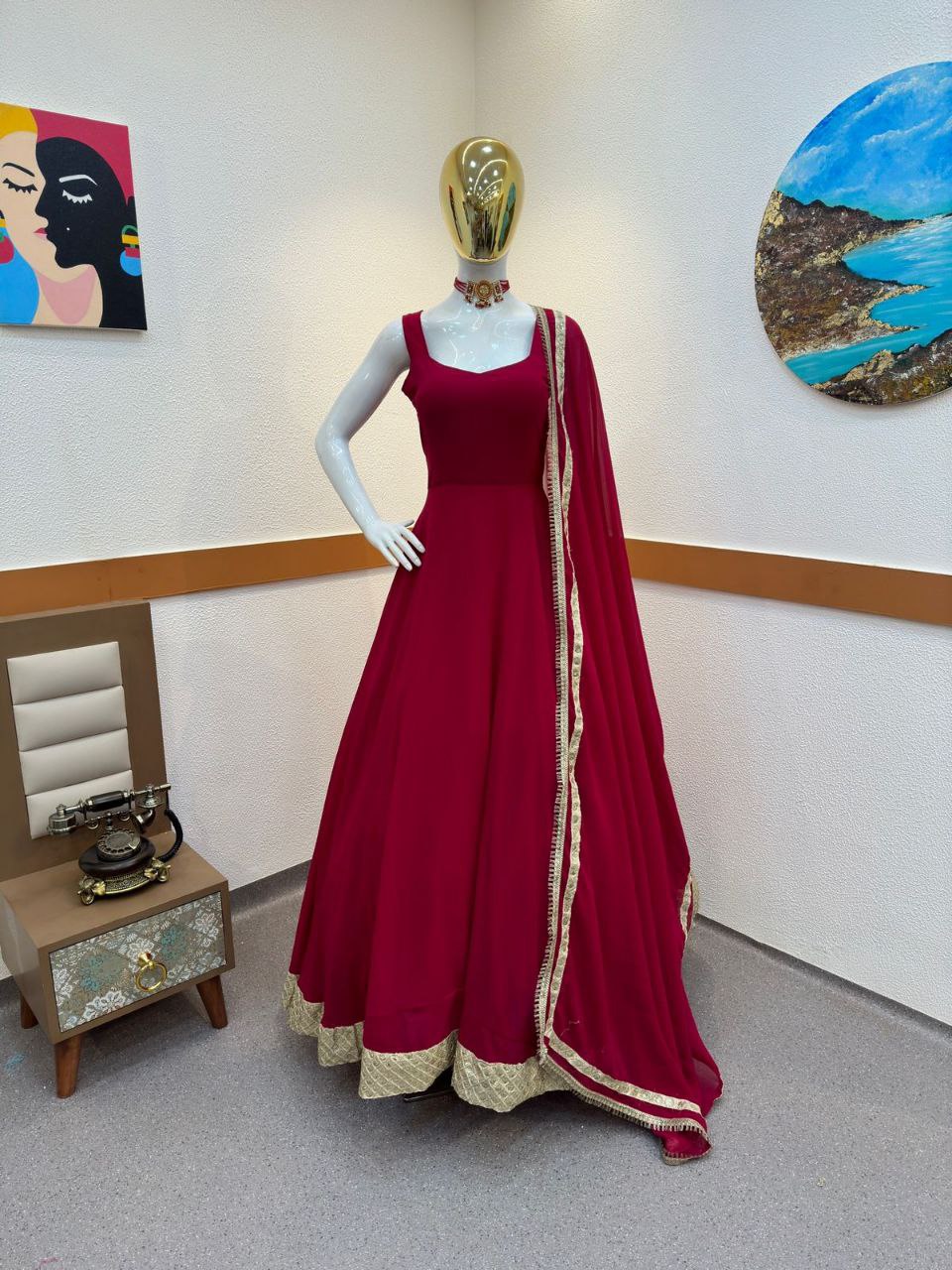 Designer Red Color Gown with Sequence Embroidery Work