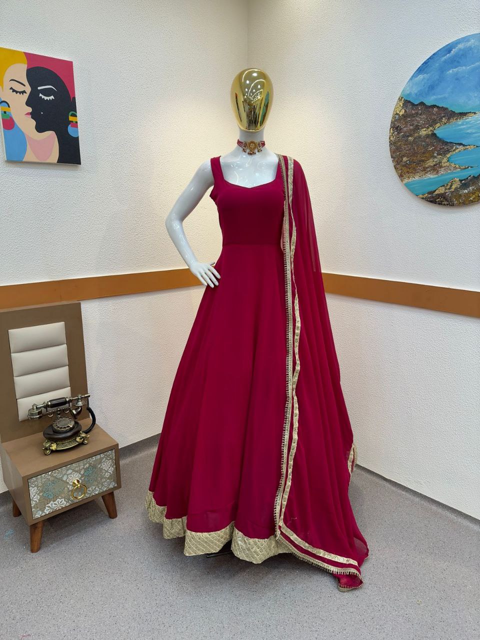 Designer Red Color Gown with Sequence Embroidery Work