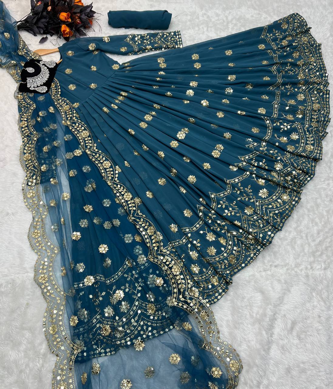 Designer Teal Blue Color Embroidery Sequence Work Gown