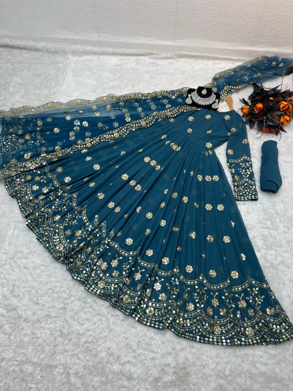 Designer Teal Blue Color Embroidery Sequence Work Gown