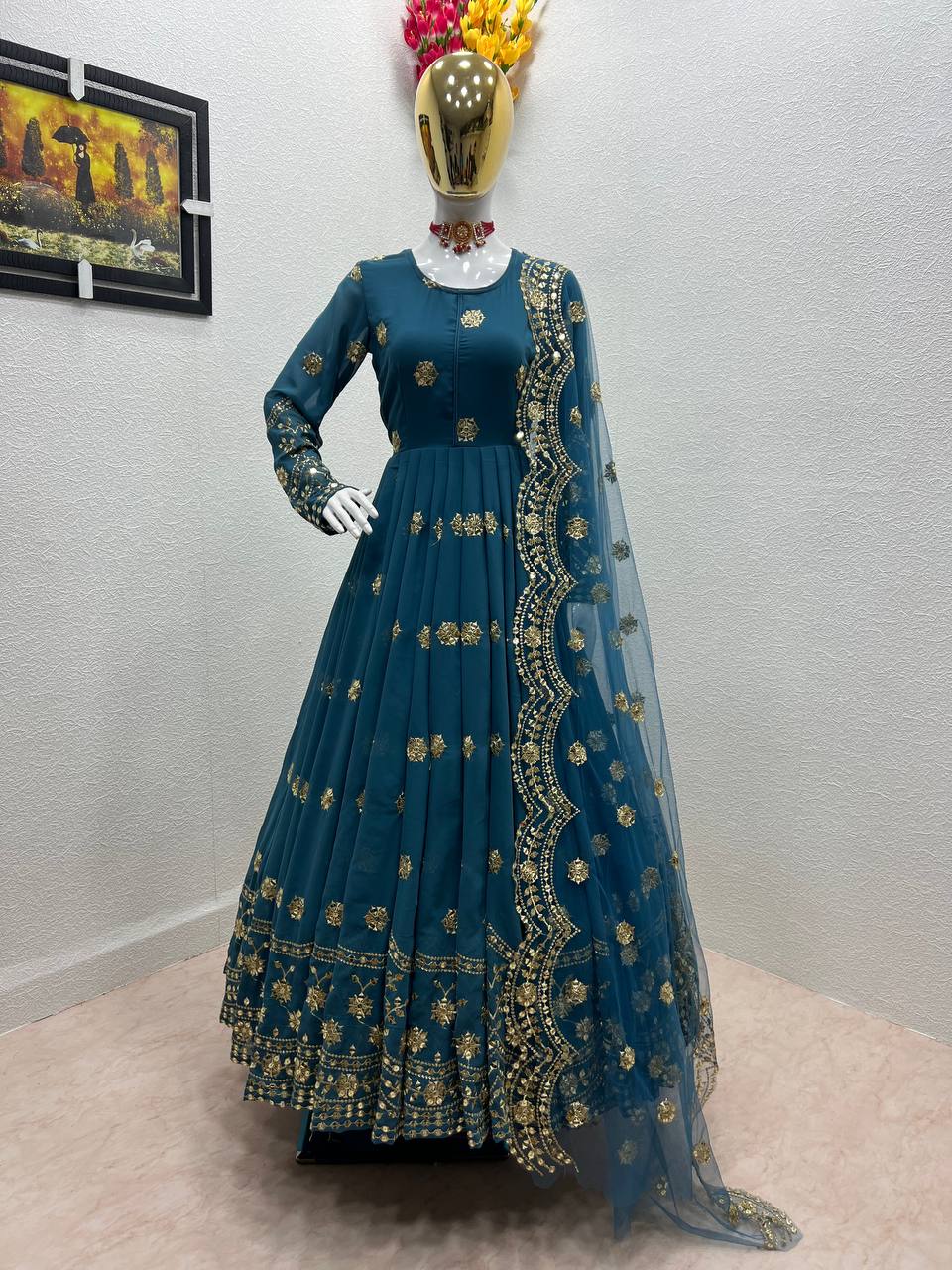 Designer Teal Blue Color Embroidery Sequence Work Gown