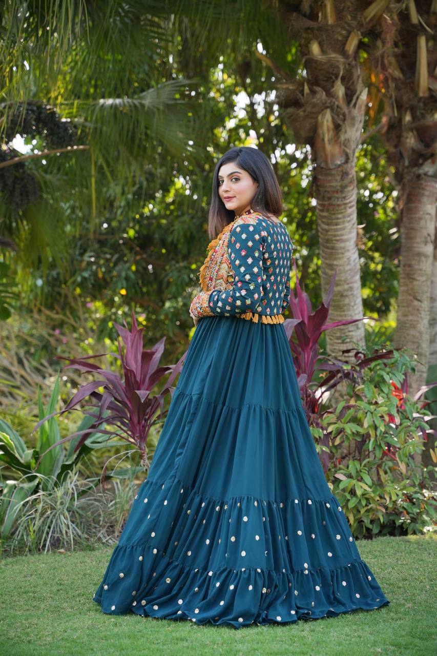 Designer Teal Blue Color Gown With Jacket