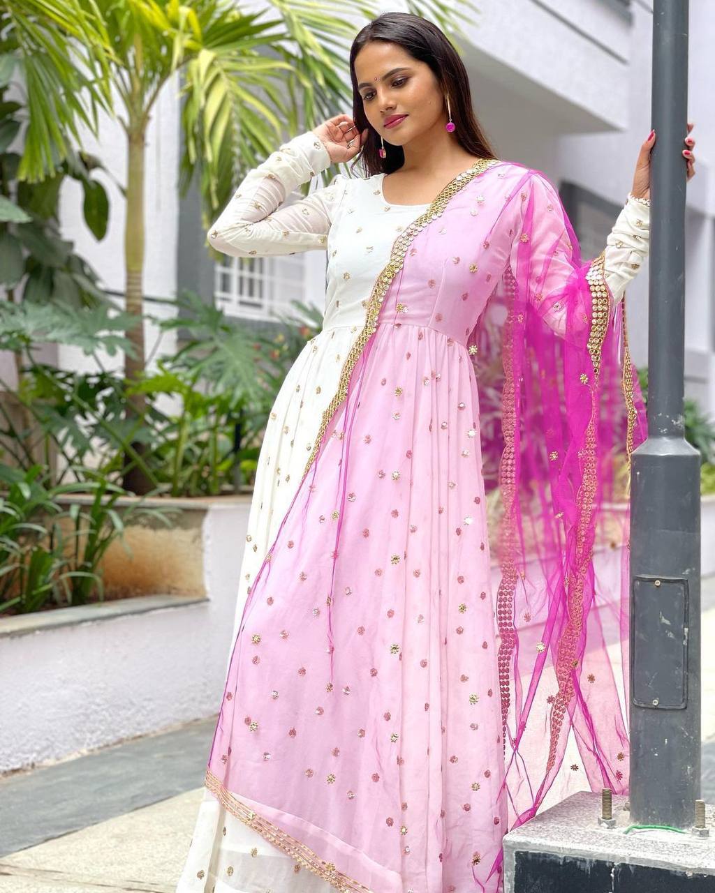 Designer White Color Embroidery Work Gown