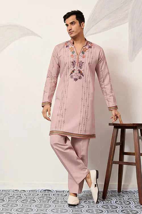 Classic Pink Embroidered V Neck Kurta Pant Outfit for Mens Wear