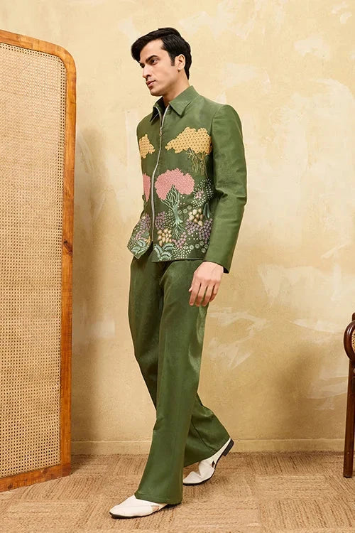 Regal Green Bomber Jacket with Thread Work and Pant for Mens