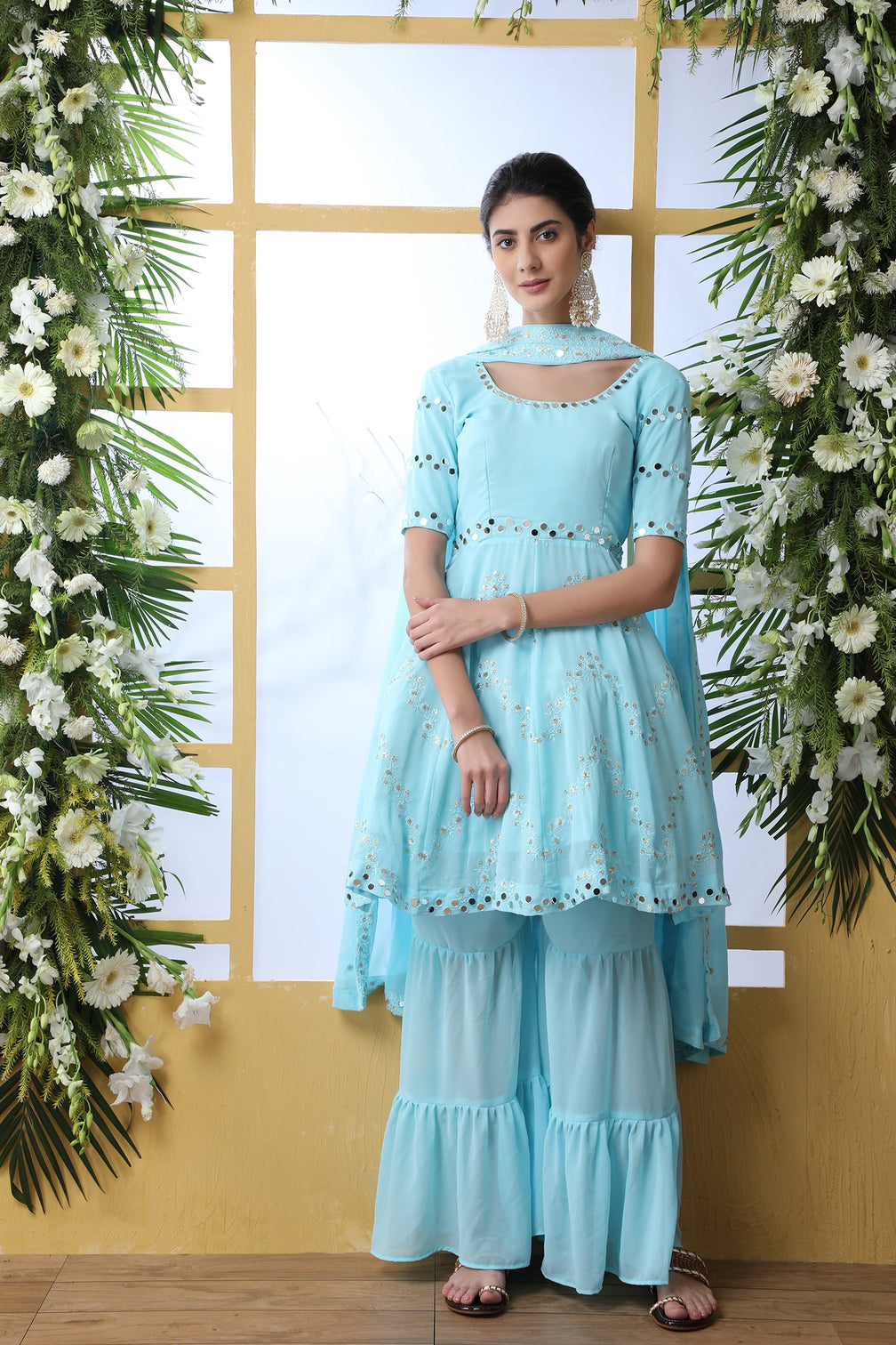 Desiring Sky-Blue Thread Embroidery Georgette Salwar Kameez With Dupatta Semi Stitched