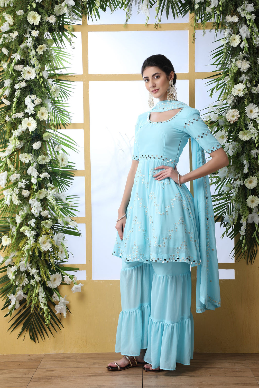 Desiring Sky-Blue Thread Embroidery Georgette Salwar Kameez With Dupatta Semi Stitched