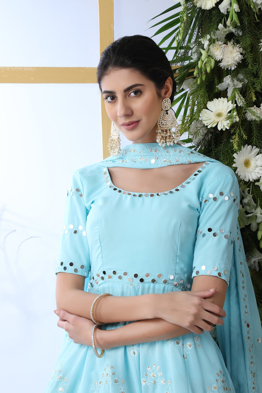 Desiring Sky-Blue Thread Embroidery Georgette Salwar Kameez With Dupatta Semi Stitched