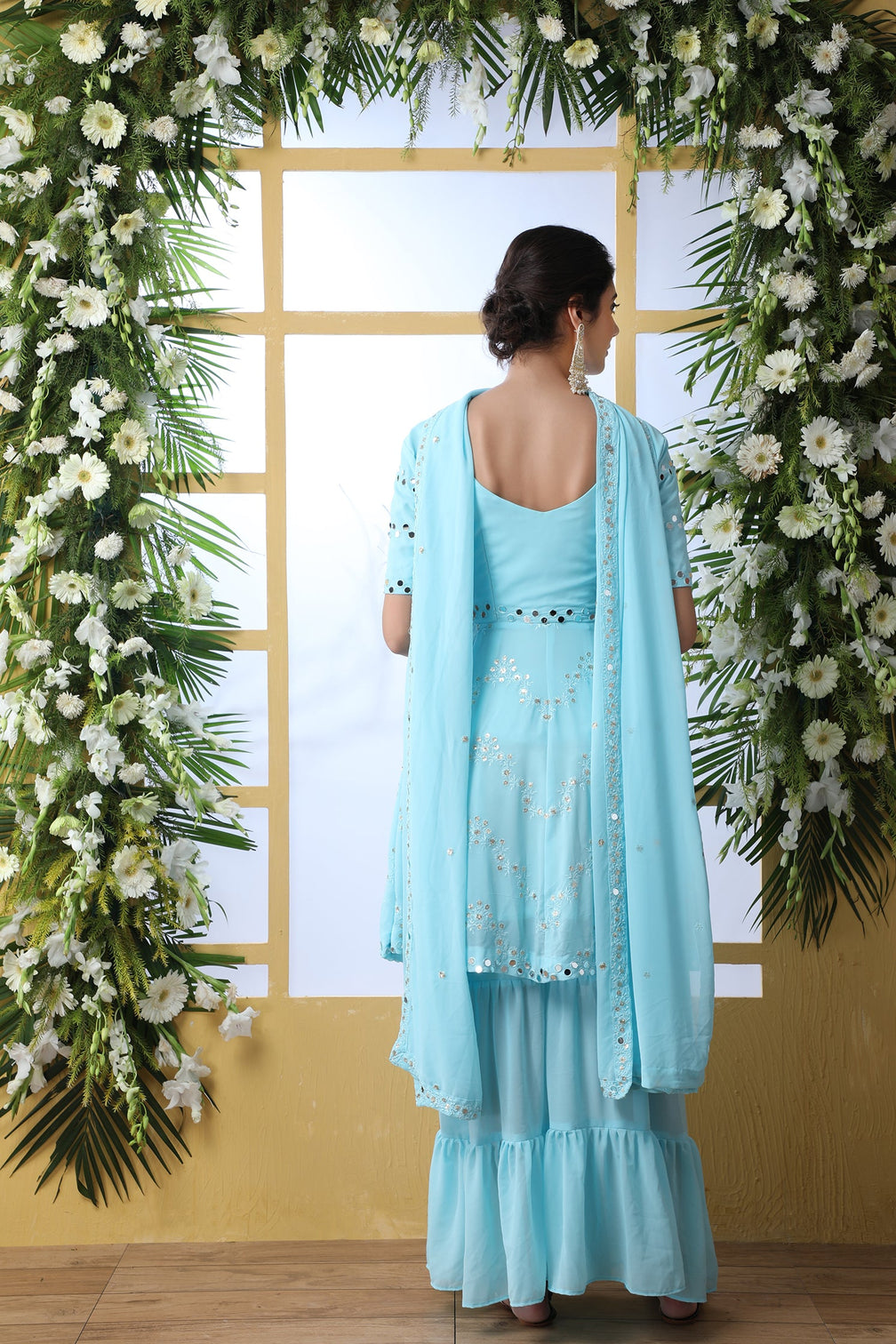 Desiring Sky-Blue Thread Embroidery Georgette Salwar Kameez With Dupatta Semi Stitched