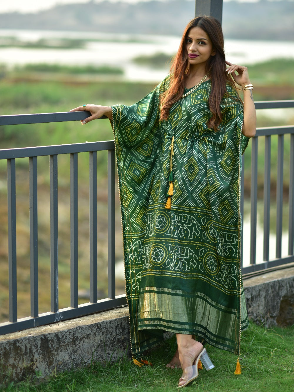Green color digital bandhej print pure gaji silk kaftan