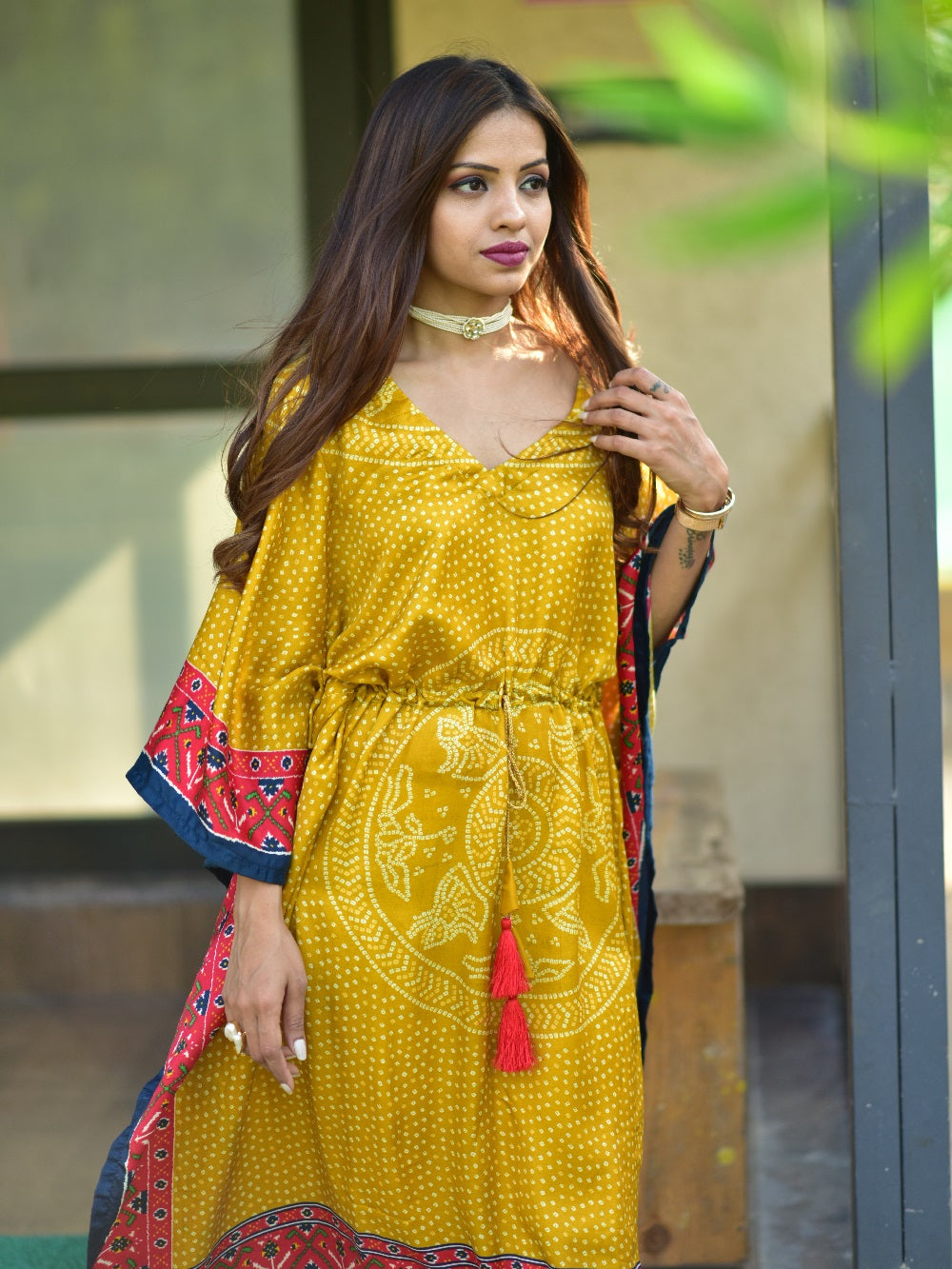 Mustard Color Digital Bandhej Print Pure Gaji Silk Kaftan