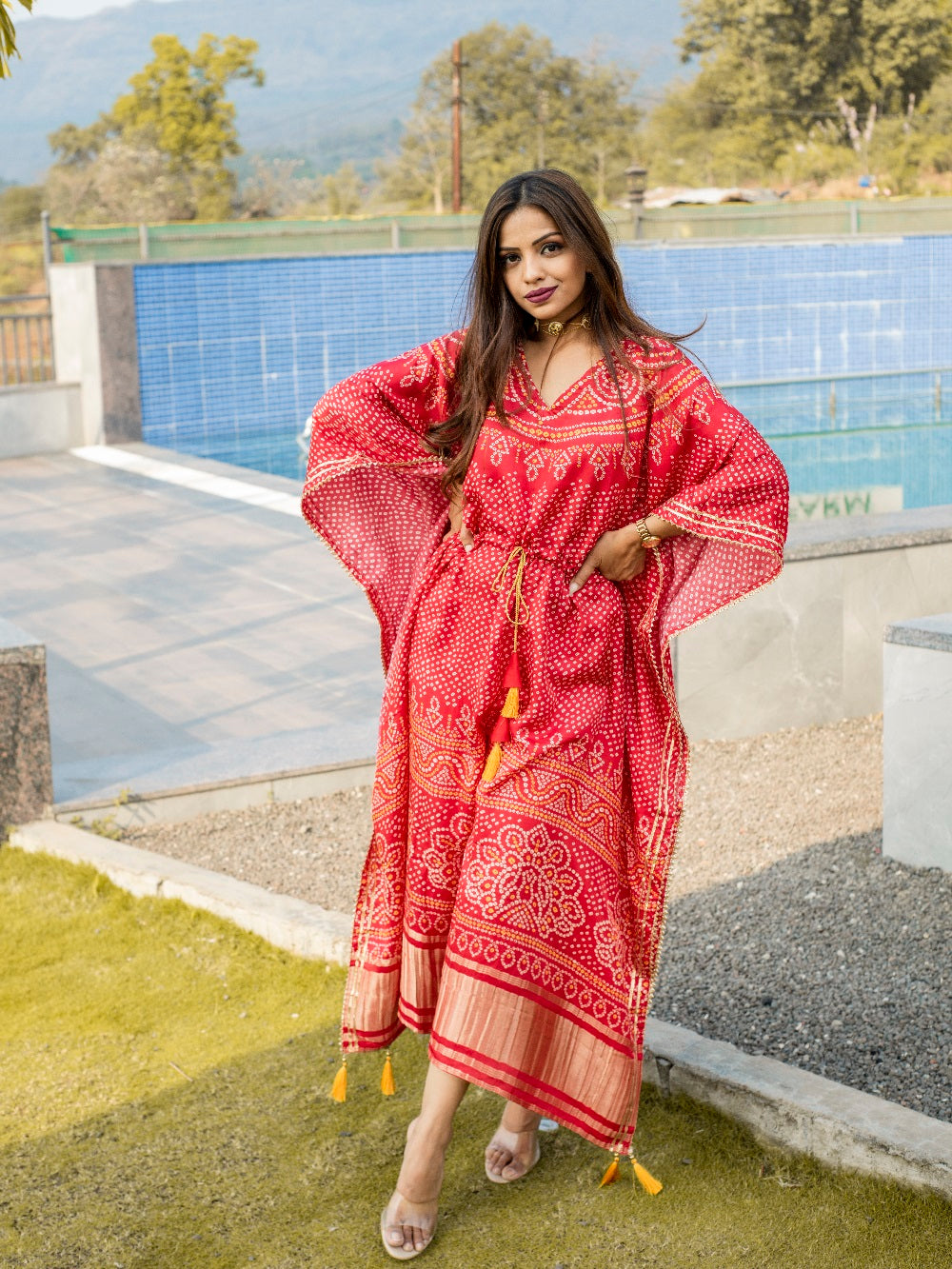 Red Color Digital Bandhej Print Pure Gaji Silk Kaftan
