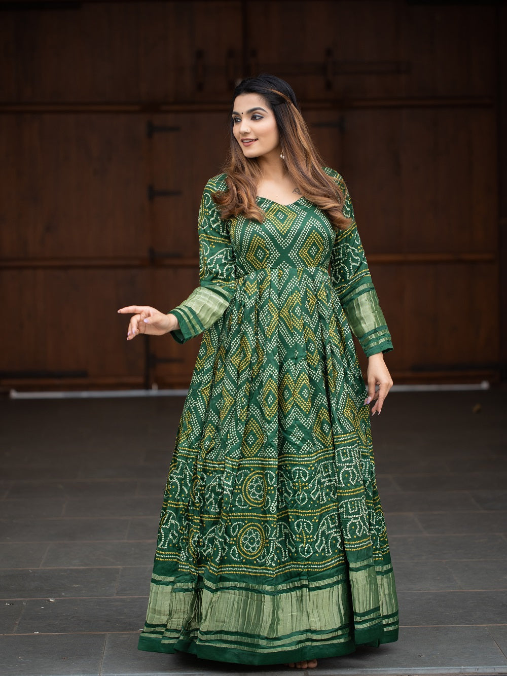 Green Color Digital Bandhej Printed Pure Gaji Silk Gown