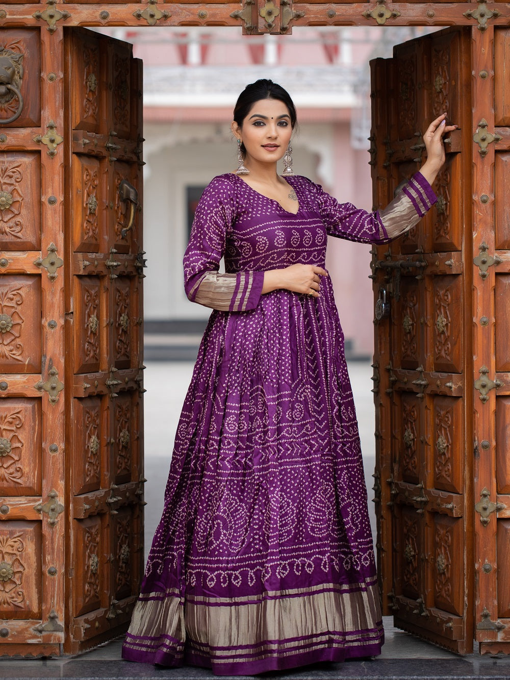 Wine color digital bandhej printed pure gaji silk beautiful dress