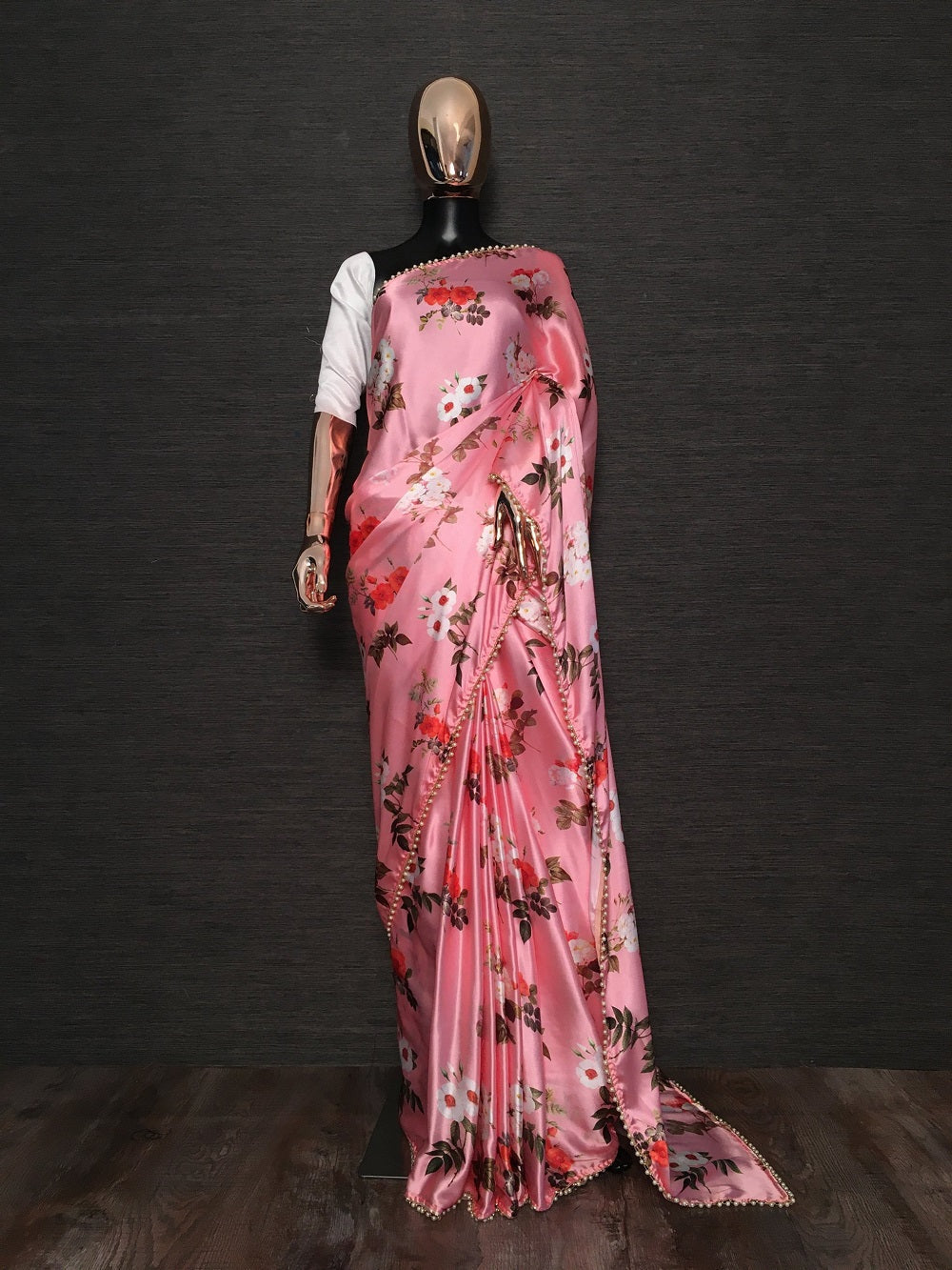 Peach Color Digital Printed Heavy Japan Satin Silk Saree With Pearl Lace Border