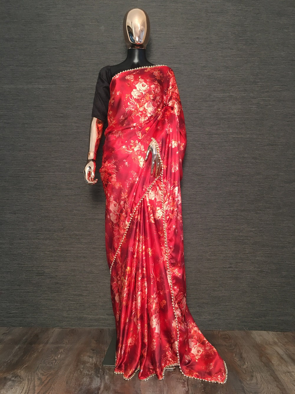 Red Color Digital Print Japan Satin Saree With Pearl Lace Border