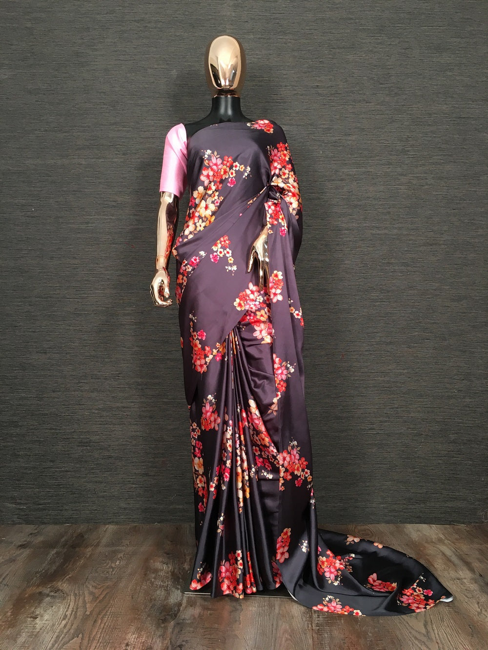 Wine Color Floral Digital Printed Japan Satin Silk Saree