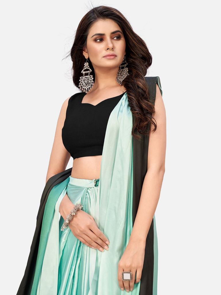 Distinctive Sea Green and Black Ready to Wear Saree