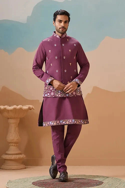 Dusty Color Embroidered Koti Kurta with Pant for Mens