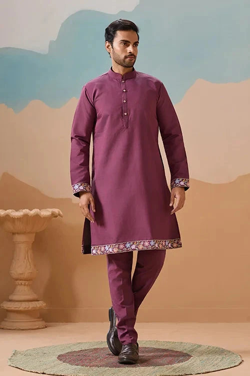 Dusty Color Embroidered Koti Kurta with Pant for Mens