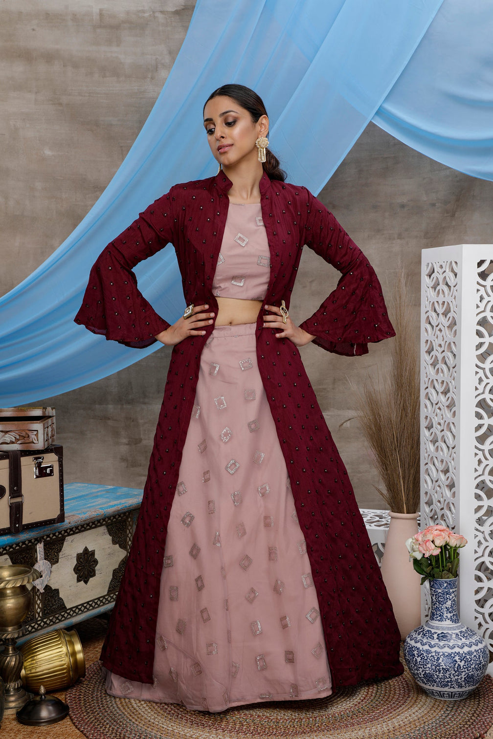 Dusty Pink Lehenga Choli With Designer Koti And Thread With Sequence Embroidered Work Bridesmaid, Wedding, Party, Bollywood Designer Lehenga
