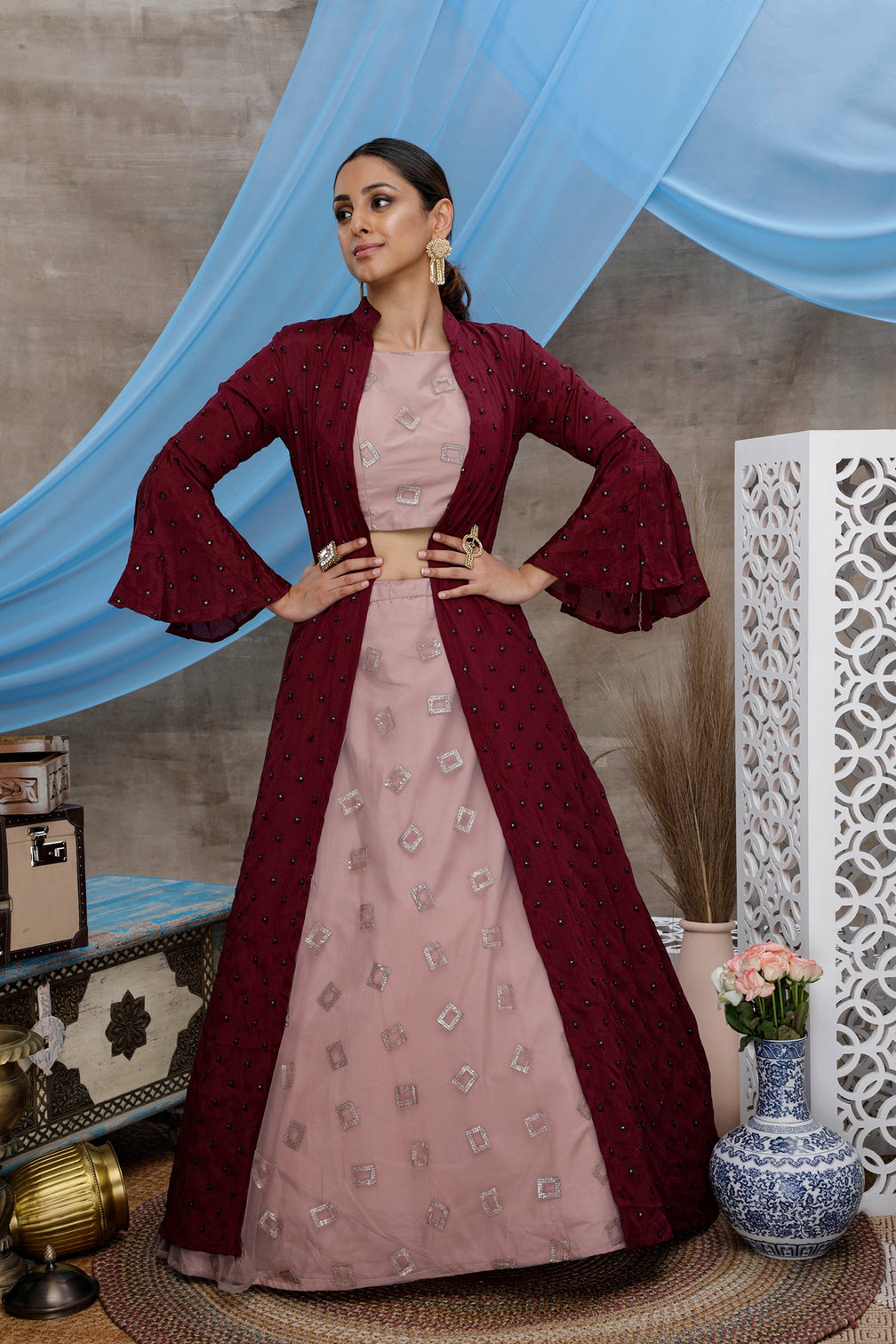 Dusty Pink Lehenga Choli With Designer Koti And Thread With Sequence Embroidered Work Bridesmaid, Wedding, Party, Bollywood Designer Lehenga