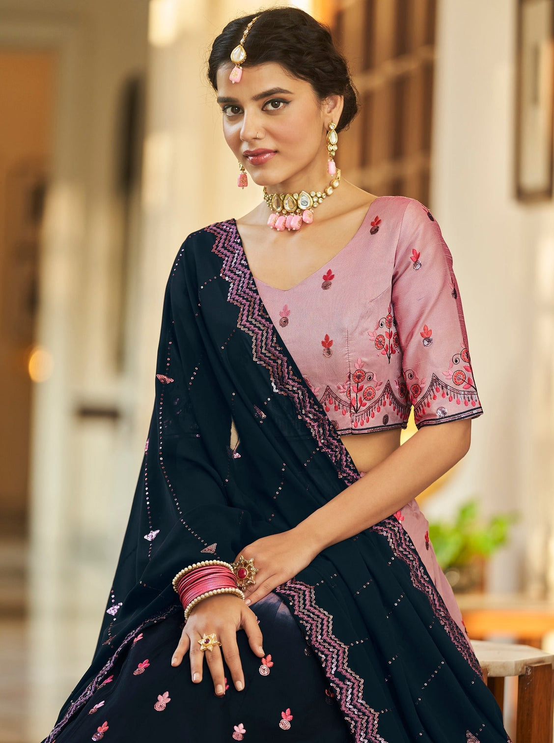 Dusty Pink Navy Blue Thread And Sequins Embroidered With Mirror Work Art Silk Festive & Party Wear Semi Stitched Lehenga
