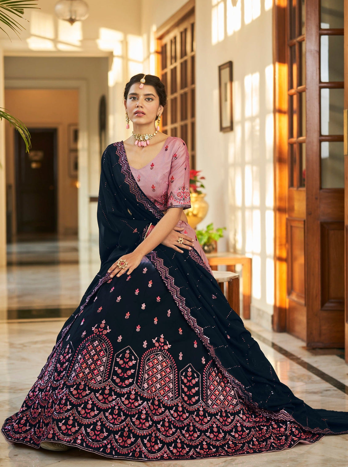 Dusty Pink Navy Blue Thread And Sequins Embroidered With Mirror Work Art Silk Festive & Party Wear Semi Stitched Lehenga