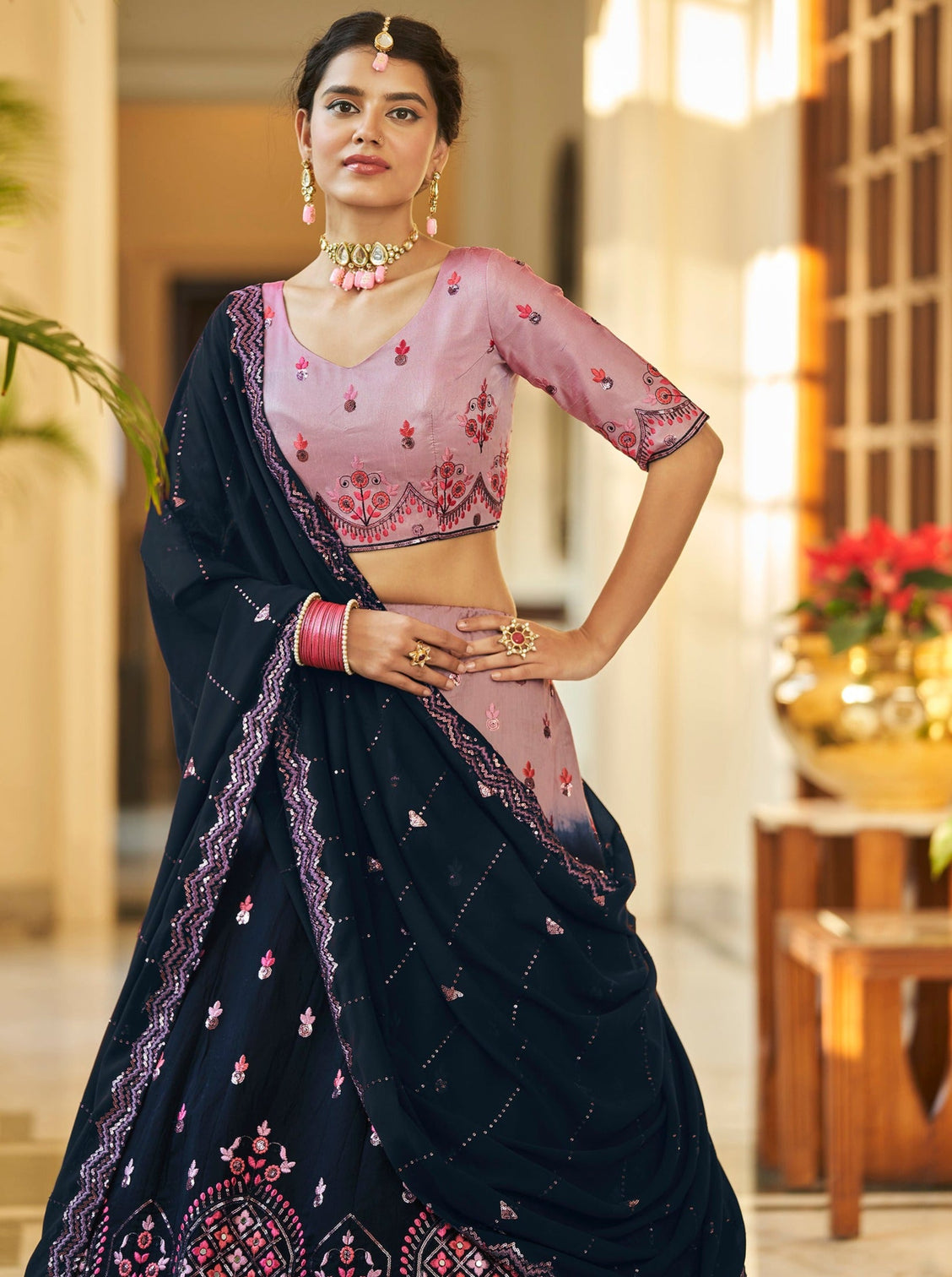 Dusty Pink Navy Blue Thread And Sequins Embroidered With Mirror Work Art Silk Festive & Party Wear Semi Stitched Lehenga