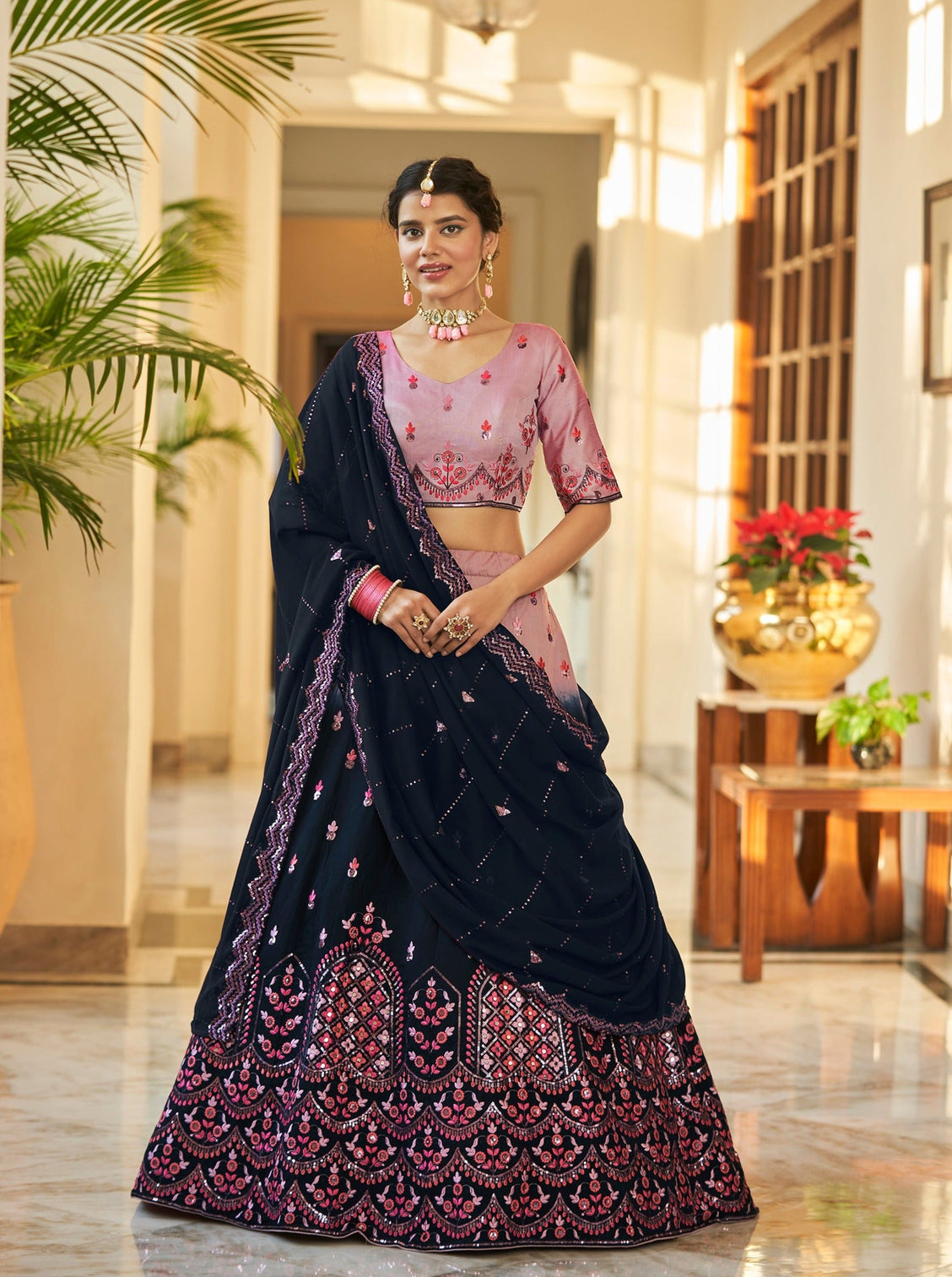 Dusty Pink Navy Blue Thread And Sequins Embroidered With Mirror Work Art Silk Festive & Party Wear Semi Stitched Lehenga