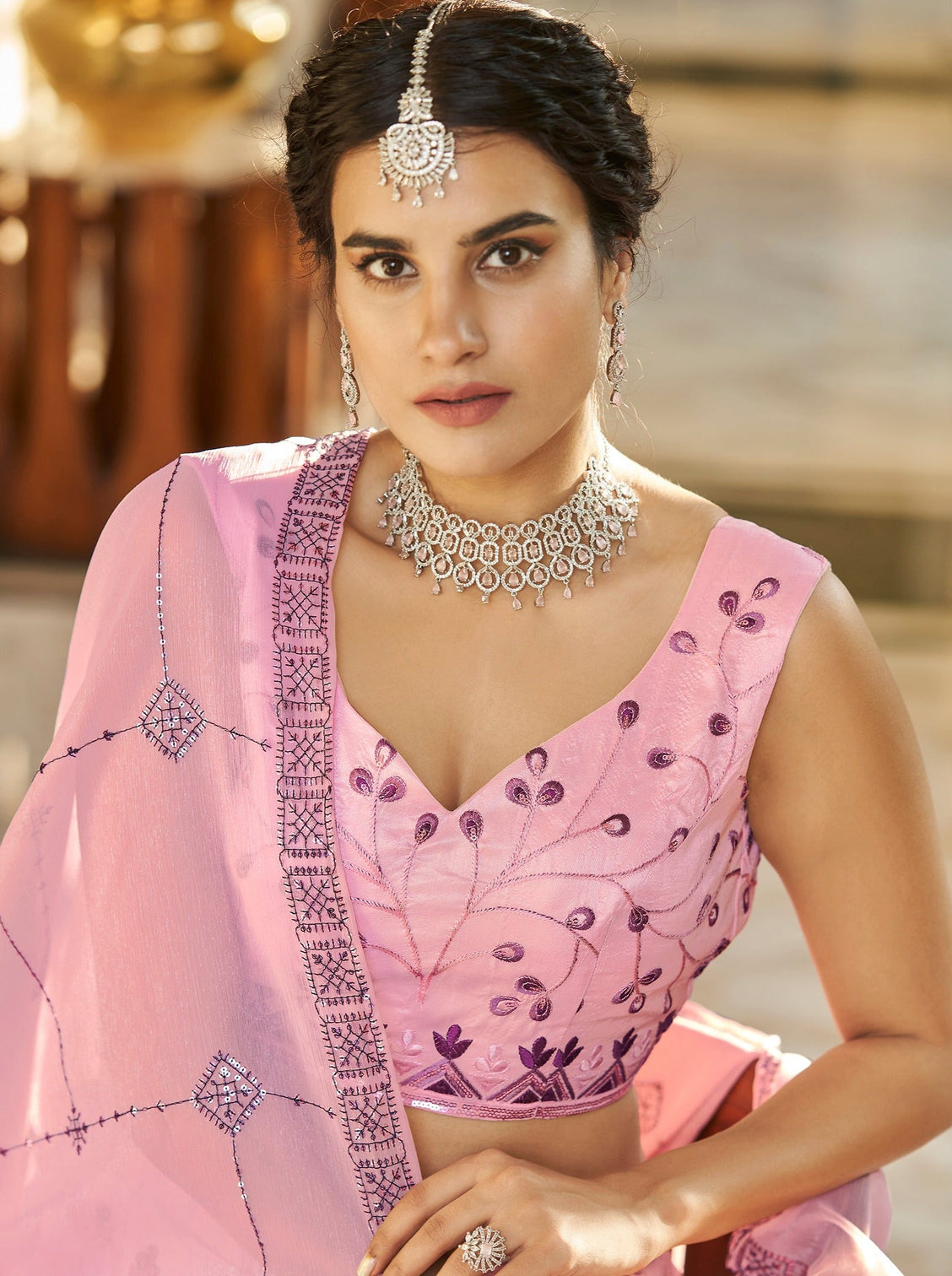 Dusty Pink Purple Thread And Sequins Embroidered Work Art Silk Festive & Party Wear Semi Stitched Lehenga